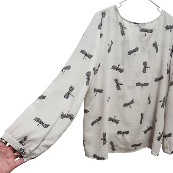 Roz & Ali Size XL White Blouse Black Dragonflies Allover Print Tie Front Keyhole - Picture 3 of 8